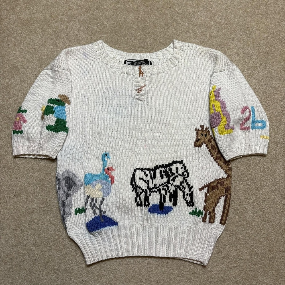 Vtg Berek Noahs Ark Sweater Womens Small White Animal Print Hand Knit Novelty